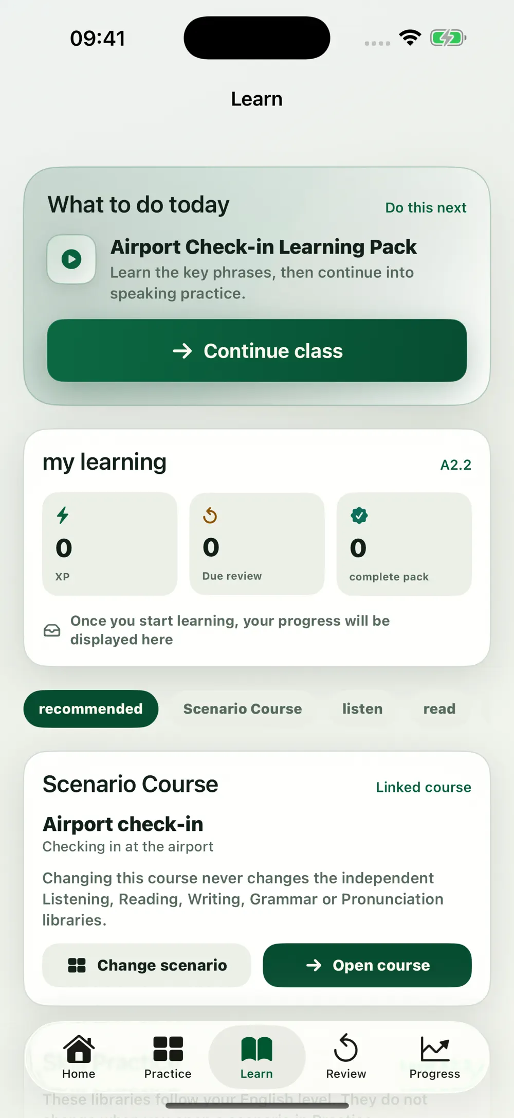 Omily Speak learning screen with an airport check-in learning pack